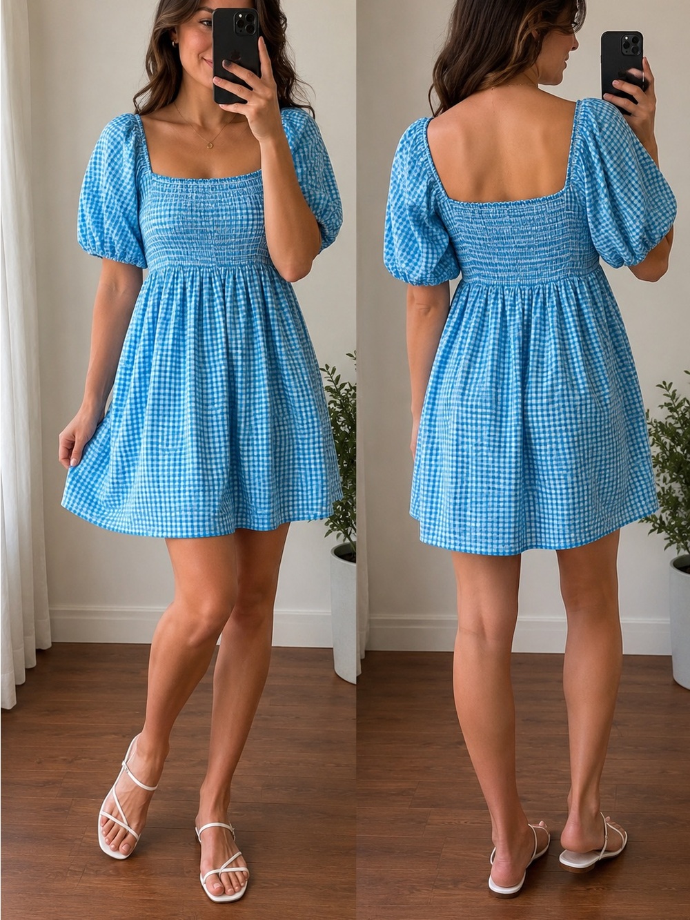 Nobody’s Child Blue Gingham Smocked Puff Sleeve Mini Dress NWT UK Size 10 (US 6)